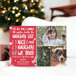 Funny Santa naughe Liste 3 Fotos Weihnachten<br><div class="desc">Funny Santa naughty Karo Liste,  es ist alles Spaß und Spiele bis Weihnachtsmann Karo die freche Liste! Fügen Sie 3 Ihrer Lieblings-Fotos mit Schneeflocken,  Kiefernwäldern und einem coolen,  modernen und lustigen Typografie-Schriftart hinzu. Frohe Weihnachten auf einem roten Hintergrund. Alle Farben sind bearbeitbar!</div>