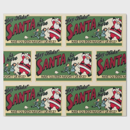 Funny Santa "Naughty or Nice" Text Retro Weihnacht Geschenkpapier (Flach)