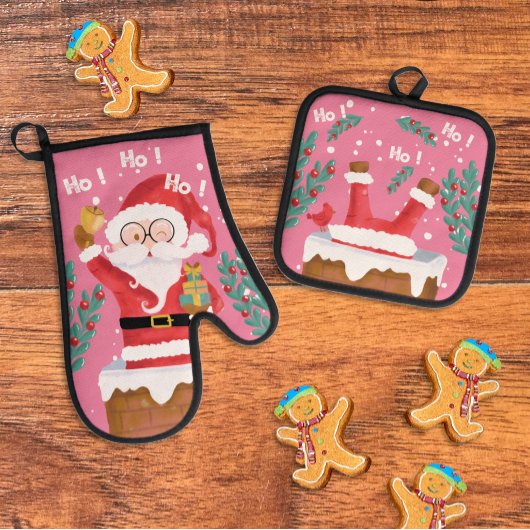 Funny Santa Pink Oven Mitt and Pot Holdings Set