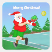 Funny Santa Playing Pickleball Frohe Weihnachten Quadratischer Aufkleber (Vorderseite)
