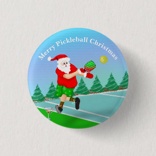 Funny Santa Playing Pickleball Merry Volley Xmas Button