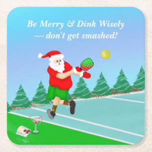 Funny Santa Playing Pickleball Merry Volley Xmas Rechteckiger Pappuntersetzer