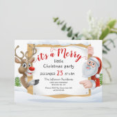 Funny Santa Reindeer Merry Little Christmas Party Einladung (Stehend Vorderseite)