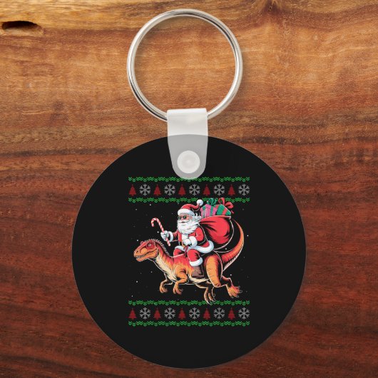 Funny Santa Riding Dinosaur Animal Ugly Christmas Schlüsselanhänger (Vorderseite)