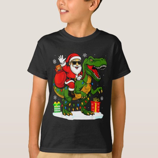 Funny Santa Riding Dinosaur T Rex Christmas Santa T-Shirt (Vorderseite)