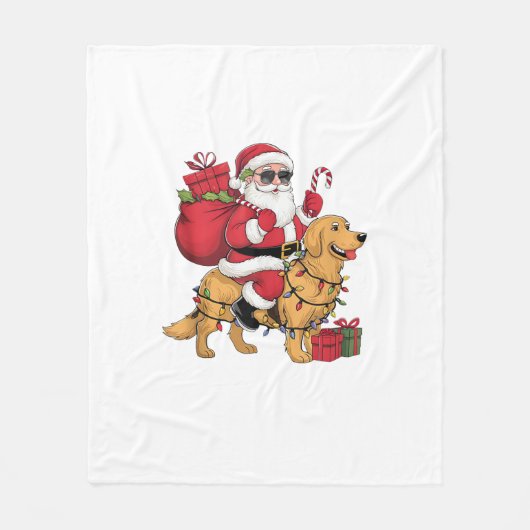 Funny Santa Riding Golden Retriever Dog Weihnachte Fleecedecke (Vorderseite)