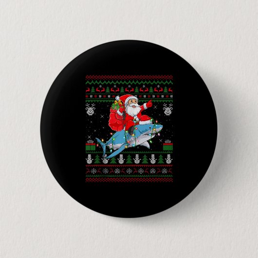 Funny Santa Riding Shark Ugly Christmas Sweaters S Button (Vorderseite)