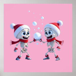 Funny Santa Skeletons Having a Snowball Fight  Poster