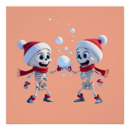 Funny Santa Skeletons Having a Snowball Fight  Poster
