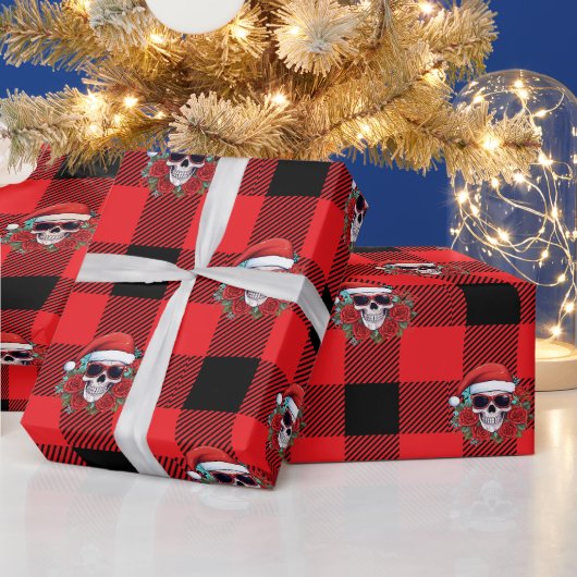 Funny Santa Skull Buffalo Karo Wrapping Paper Geschenkpapier (Feiertage)