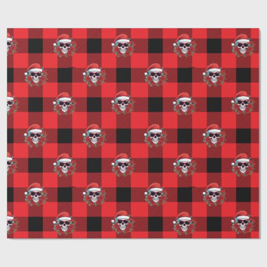 Funny Santa Skull Buffalo Karo Wrapping Paper Geschenkpapier (Flach)