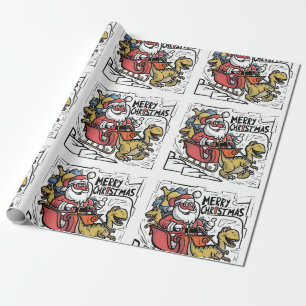 Funny Santa Sleigh und T-rex Dinosaur Weihnachten Geschenkpapier