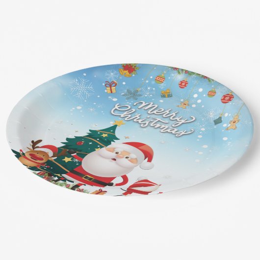 Funny Santa, Snowman, Reindeer Frohe Weihnachten Pappteller (Schrägansicht)