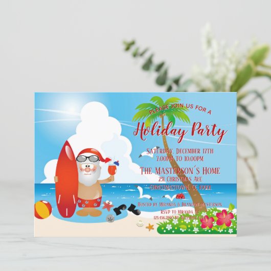 Funny Santa Tropical Beach Weihnachts-Party Einladung (Stehend Vorderseite)