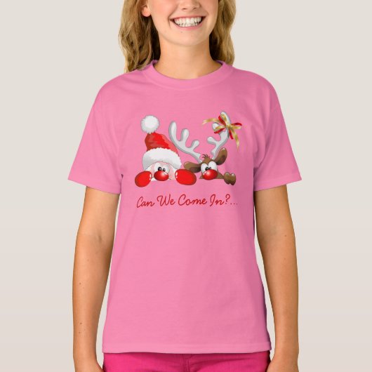 Funny Santa und Reindeer Cartoon T - Shirt (Vorderseite)