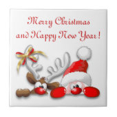 Funny Santa und Rentier Cartoon Fliese (Vorderseite)