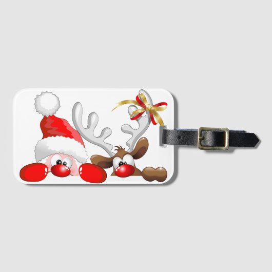 Funny Santa und Rentier Cartoon Ornament Magnet B Gepäckanhänger (Vorderseite (Horizontal))