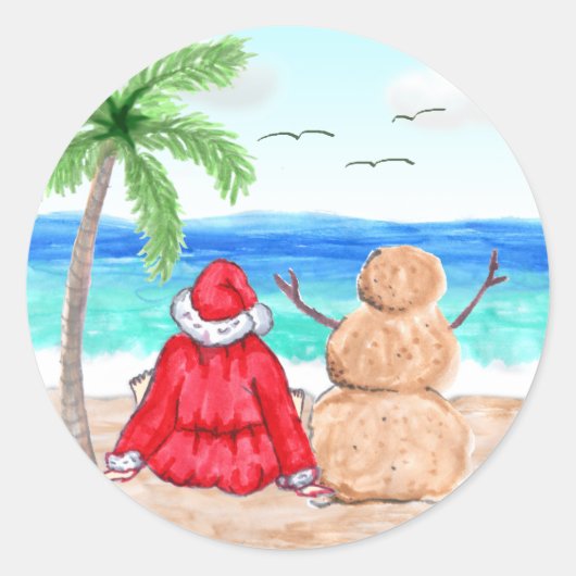 Funny Santa und Snowman am Weihnachtsstrand Runder Aufkleber (Vorderseite)