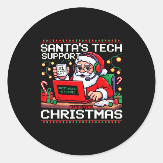 Funny Santa's Tech Suprt Rebooting Christmas Ugly Runder Aufkleber (Vorderseite)