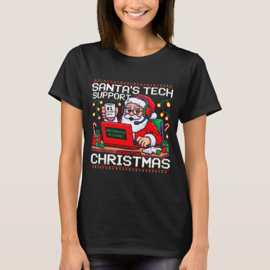 Funny Santa's Tech Suprt Rebooting Christmas Ugly T-Shirt (Vorderseite)