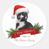 Funny Sarcastic Cat Santas Hat Weihnachtssticker Runder Aufkleber (Vorderseite)