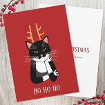 Funny Sarcastic Cat Weihnachten<br><div class="desc">Eine lustige und ärgerlich aussehende Katze mit Geweihten,  um ein Weihnachtslächeln zu wecken. Originelle Kunst von Nic Squirrell. Ändern Sie den Text auf der Vorderseite und die Nachricht und den Namen auf der Rückseite,  um die Personalisierung.</div>