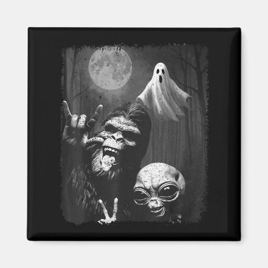 Funny Sasquatch & Alien Rock On Hand Sign Ghos Magnet (Vorne)