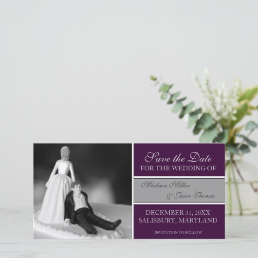 Funny Save the Date Ankündigungen {Lila} (Stehend Vorderseite)