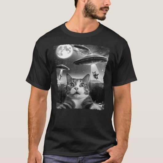 Funny Scared Cat Selfie with Alien UFOs Gift Men W T-Shirt (Vorderseite)