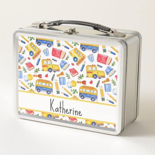 Funny School Bus zurück zum Schulnamen Muster Metall Brotdose (Vorderseite)