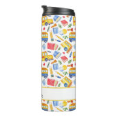 Funny School Bus zurück zum Schulnamen Muster Thermosbecher (Nach rechts gedreht)