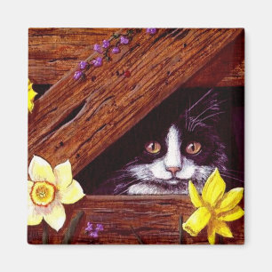 Funny Schwarz-weiß Cat Daffodils Creationarts Magnet