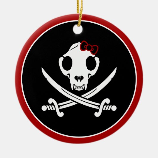 Funny Schwarz-weiß Jolly Kitty Pirate Skull Bones Keramik Ornament (Vorne)