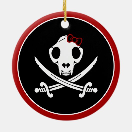 Funny Schwarz-weiß Jolly Kitty Pirate Skull Bones Keramik Ornament (Hinten)