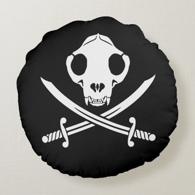 Funny Schwarz-weiß Jolly Kitty Pirate Skull Bones Rundes Kissen (Rückseite)