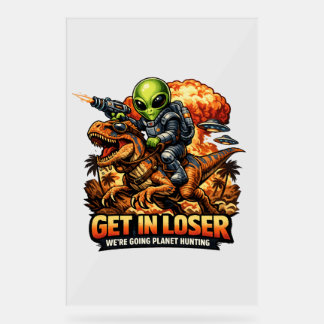 Funny Sci-Fi Fantasy Meme Art, Alien Riding Dinosa Acrylschild