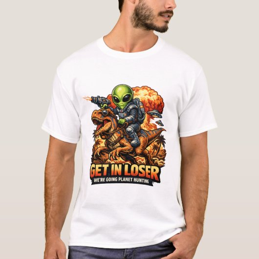 Funny Sci-Fi Fantasy Meme Art, Alien Riding Dinosa T-Shirt (Vorderseite)