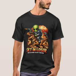 Funny Sci-Fi Fantasy Meme Art, Alien Riding Dinosa T-Shirt