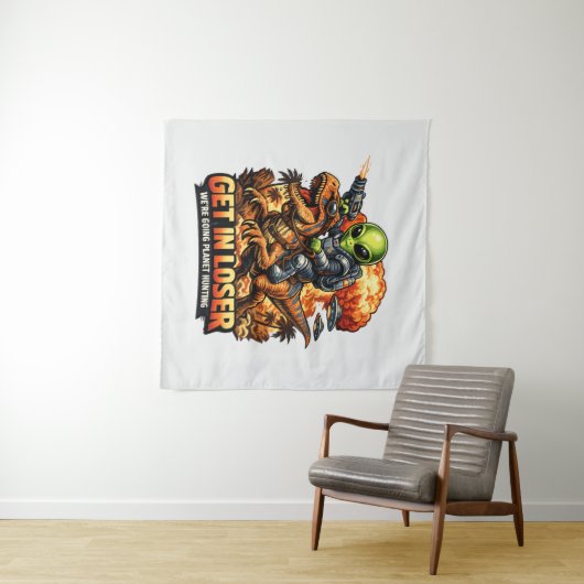 Funny Sci-Fi Fantasy Meme Art, Alien Riding Dinosa Wandteppich (Beispiel (Horizontal))