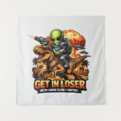 Funny Sci-Fi Fantasy Meme Art, Alien Riding Dinosa Wandteppich (Vorderseite)