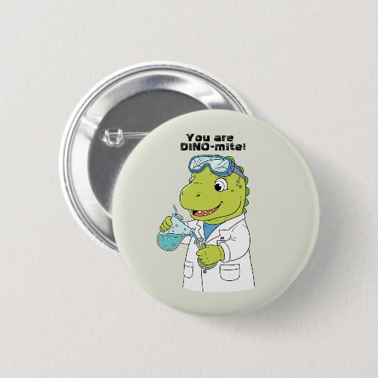 Funny Science Dinosaur Chemist "Dino-mite" Valenti Button (Vorne & Hinten)