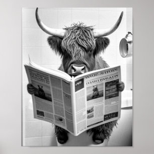 Funny Scottish Highland Cow in Bathroom Wall Art Poster