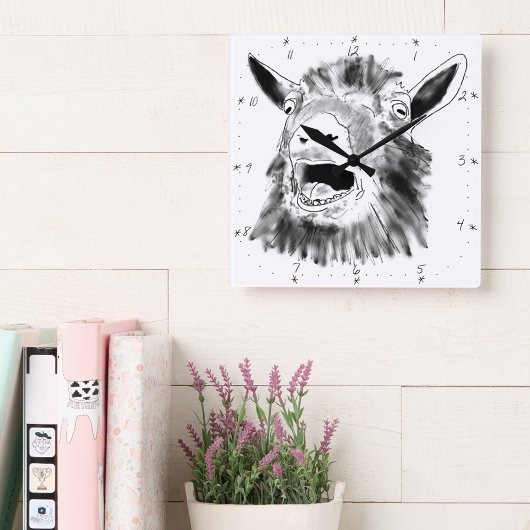 Funny Screaming Goat Drawing Quirky Quadratische Wanduhr