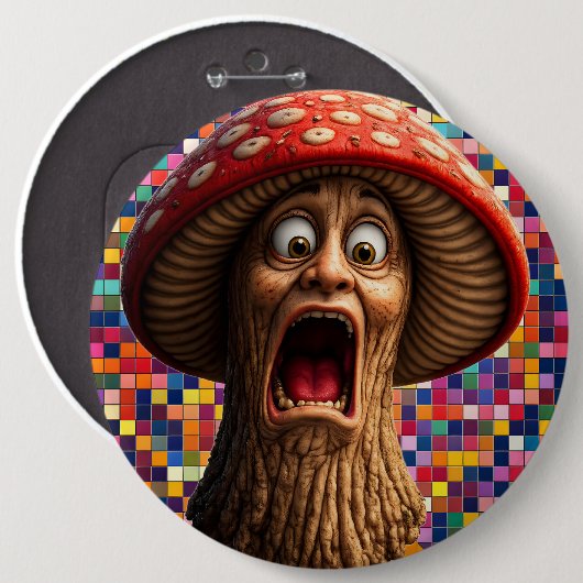 Funny screaming mushroom man pin back button (Vorne & Hinten)