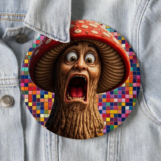 Funny screaming mushroom man pin back button (Beispiel)
