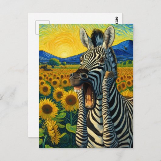 Funny Screening Zebra in Van Gogh Sonnenblumenfeld Postkarte (Vorne/Hinten)