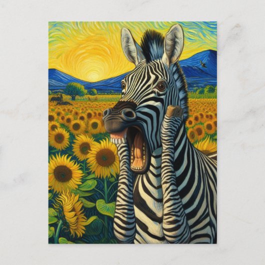 Funny Screening Zebra in Van Gogh Sonnenblumenfeld Postkarte (Vorderseite)
