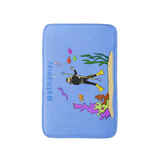Funny Scuba Diver und Fischarten Cartoon Badematte (Vorderseite Vertikal)