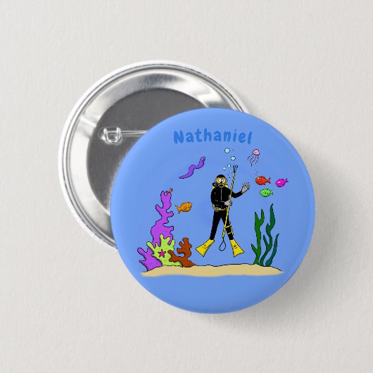 Funny Scuba Diver und Fischarten Cartoon Button (Vorne & Hinten)