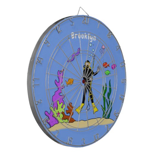 Funny Scuba Diver und Fischarten Cartoon Dartscheibe (Vorderseite Links)